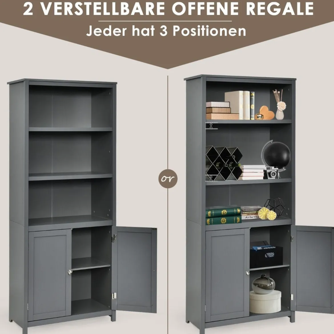Bücherschrank Bücherregal mit Türen & 3 offenen Regalen Standregal Aktenregal Grau