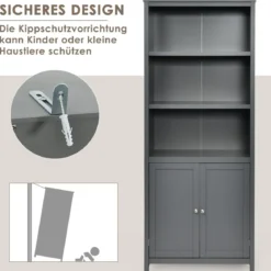 Bücherschrank Bücherregal mit Türen & 3 offenen Regalen Standregal Aktenregal Grau