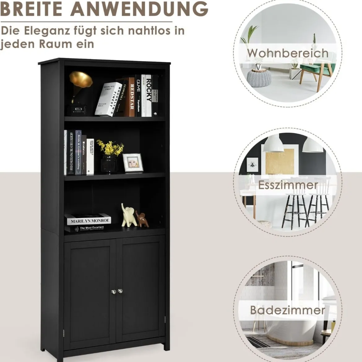 Bücherschrank Bücherregal mit Türen & 3 offenen Regalen Standregal Aktenregal Schwarz