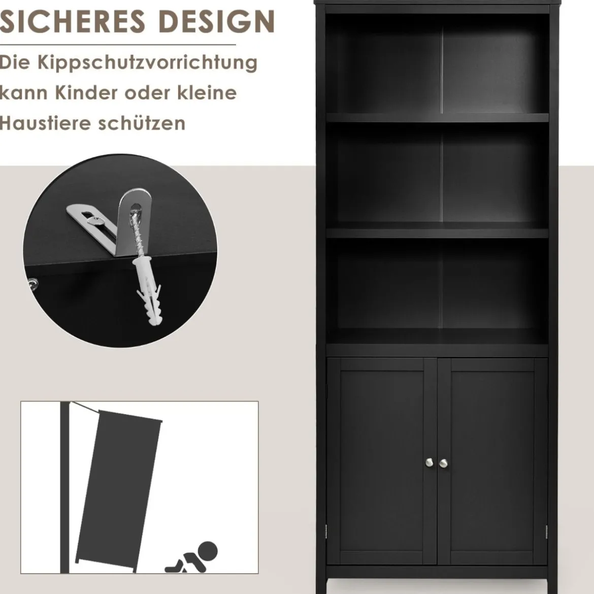 Bücherschrank Bücherregal mit Türen & 3 offenen Regalen Standregal Aktenregal Schwarz