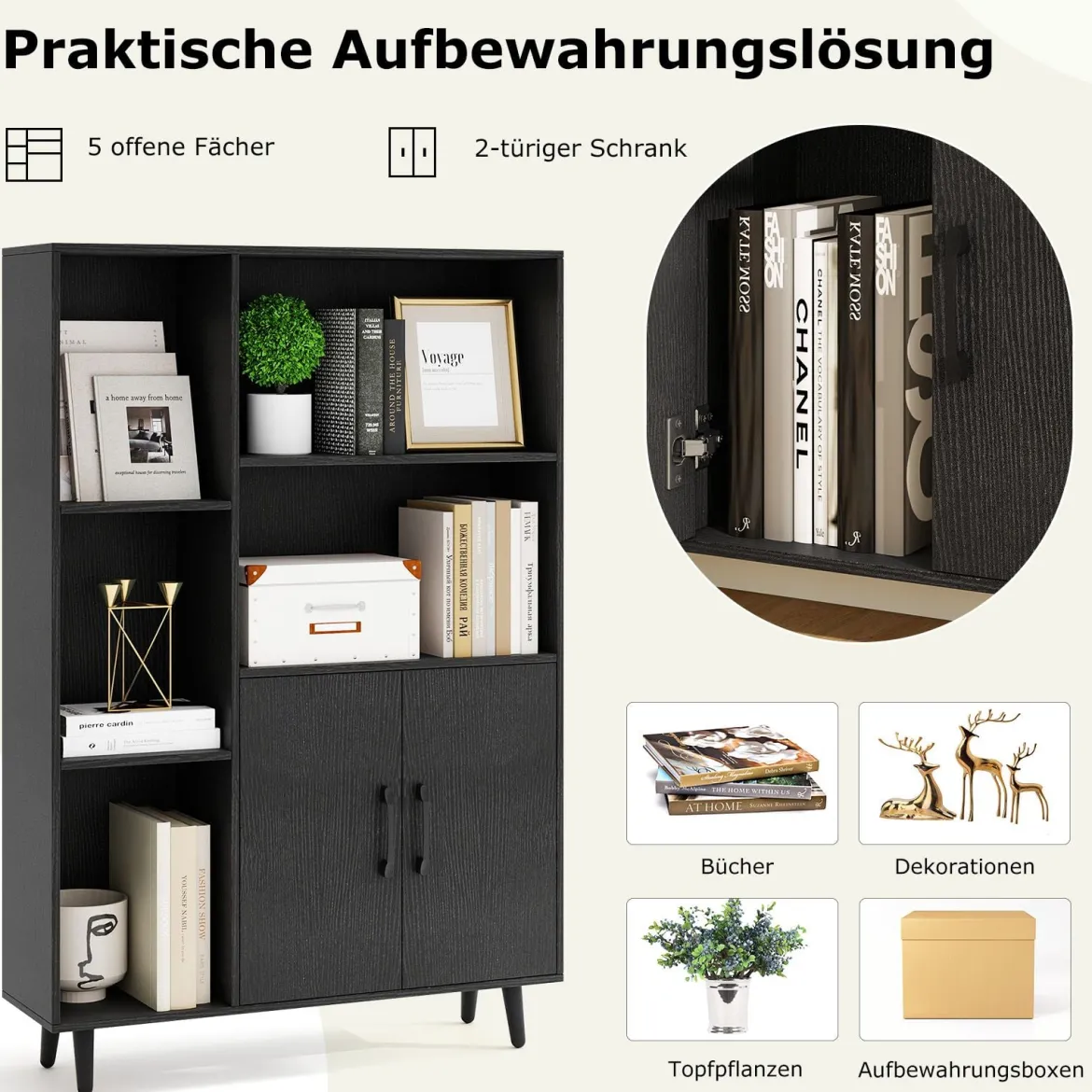Bücherschrank mit Türen & Offenes Fächern Bücherregal Standregal Büroregal Sideboard Schwarz