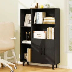 Bücherschrank mit Türen & Offenes Fächern Bücherregal Standregal Büroregal Sideboard Schwarz
