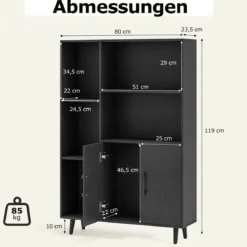 Bücherschrank mit Türen & Offenes Fächern Bücherregal Standregal Büroregal Sideboard Schwarz