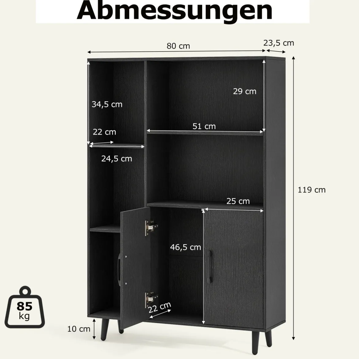 Bücherschrank mit Türen & Offenes Fächern Bücherregal Standregal Büroregal Sideboard Schwarz