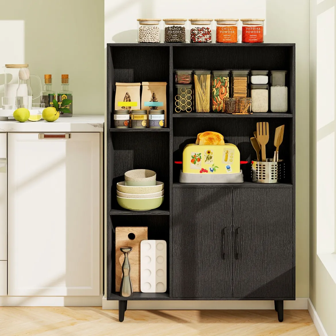 Bücherschrank mit Türen & Offenes Fächern Bücherregal Standregal Büroregal Sideboard Schwarz