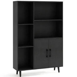 Bücherschrank mit Türen & Offenes Fächern Bücherregal Standregal Büroregal Sideboard Schwarz