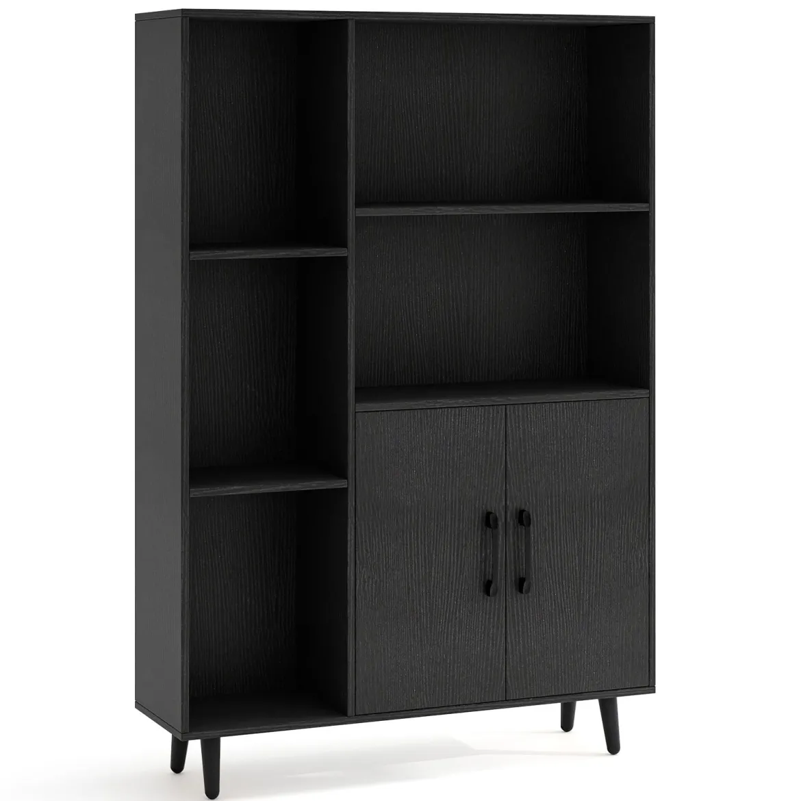 Bücherschrank mit Türen & Offenes Fächern Bücherregal Standregal Büroregal Sideboard Schwarz