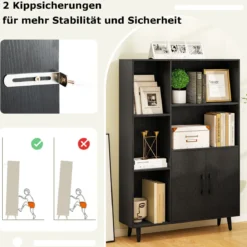 Bücherschrank mit Türen & Offenes Fächern Bücherregal Standregal Büroregal Sideboard Schwarz