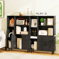 Bücherschrank mit Türen & Offenes Fächern Bücherregal Standregal Büroregal Sideboard Schwarz