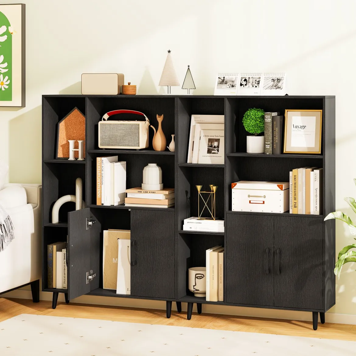 Bücherschrank mit Türen & Offenes Fächern Bücherregal Standregal Büroregal Sideboard Schwarz