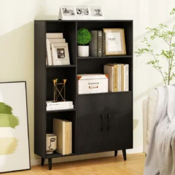 Bücherschrank mit Türen & Offenes Fächern Bücherregal Standregal Büroregal Sideboard Schwarz