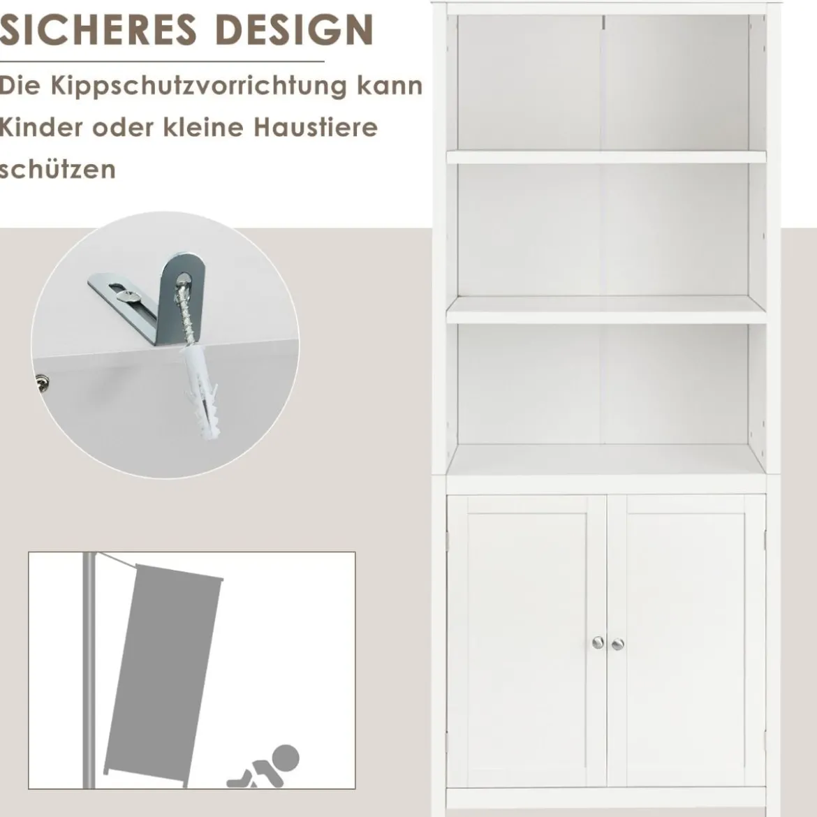 Bücherschrank mit Türen & 3 Offenen Regalen Bücherregal Hochschrank 74,5 x 35,5 x 181,5 cm Weiß
