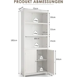Bücherschrank mit Türen & 3 Offenen Regalen Bücherregal Hochschrank 74,5 x 35,5 x 181,5 cm Weiß