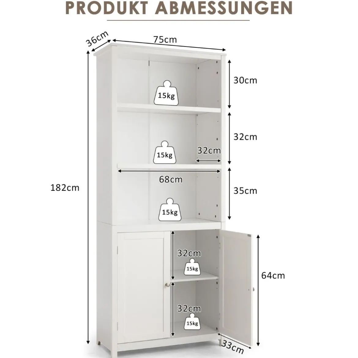 Bücherschrank mit Türen & 3 Offenen Regalen Bücherregal Hochschrank 74,5 x 35,5 x 181,5 cm Weiß
