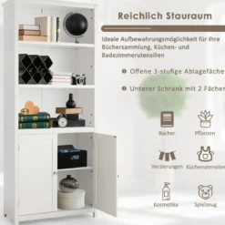 Bücherschrank mit Türen & 3 Offenen Regalen Bücherregal Hochschrank 74,5 x 35,5 x 181,5 cm Weiß