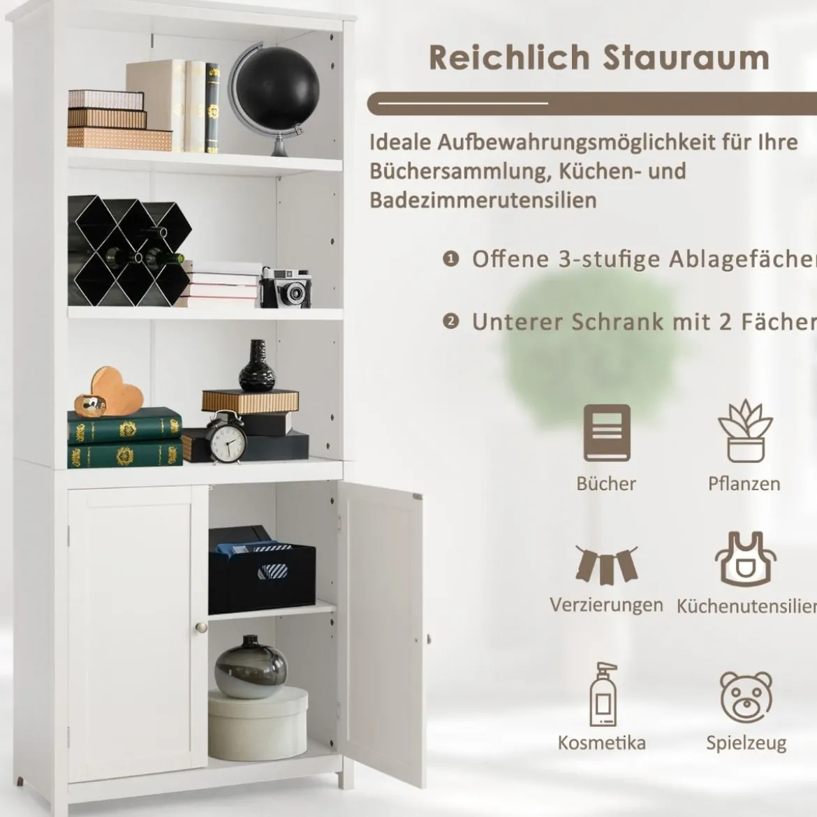 Bücherschrank mit Türen & 3 Offenen Regalen Bücherregal Hochschrank 74,5 x 35,5 x 181,5 cm Weiß