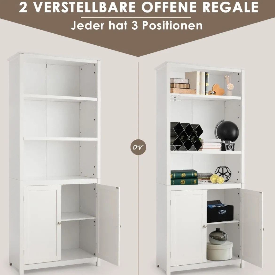 Bücherschrank mit Türen & 3 Offenen Regalen Bücherregal Hochschrank 74,5 x 35,5 x 181,5 cm Weiß