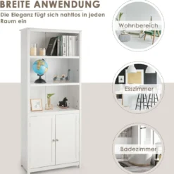 Bücherschrank mit Türen & 3 Offenen Regalen Bücherregal Hochschrank 74,5 x 35,5 x 181,5 cm Weiß