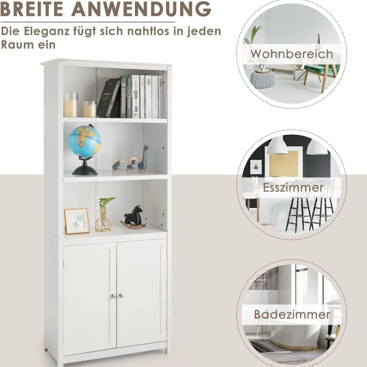 Bücherschrank mit Türen & 3 Offenen Regalen Bücherregal Hochschrank 74,5 x 35,5 x 181,5 cm Weiß