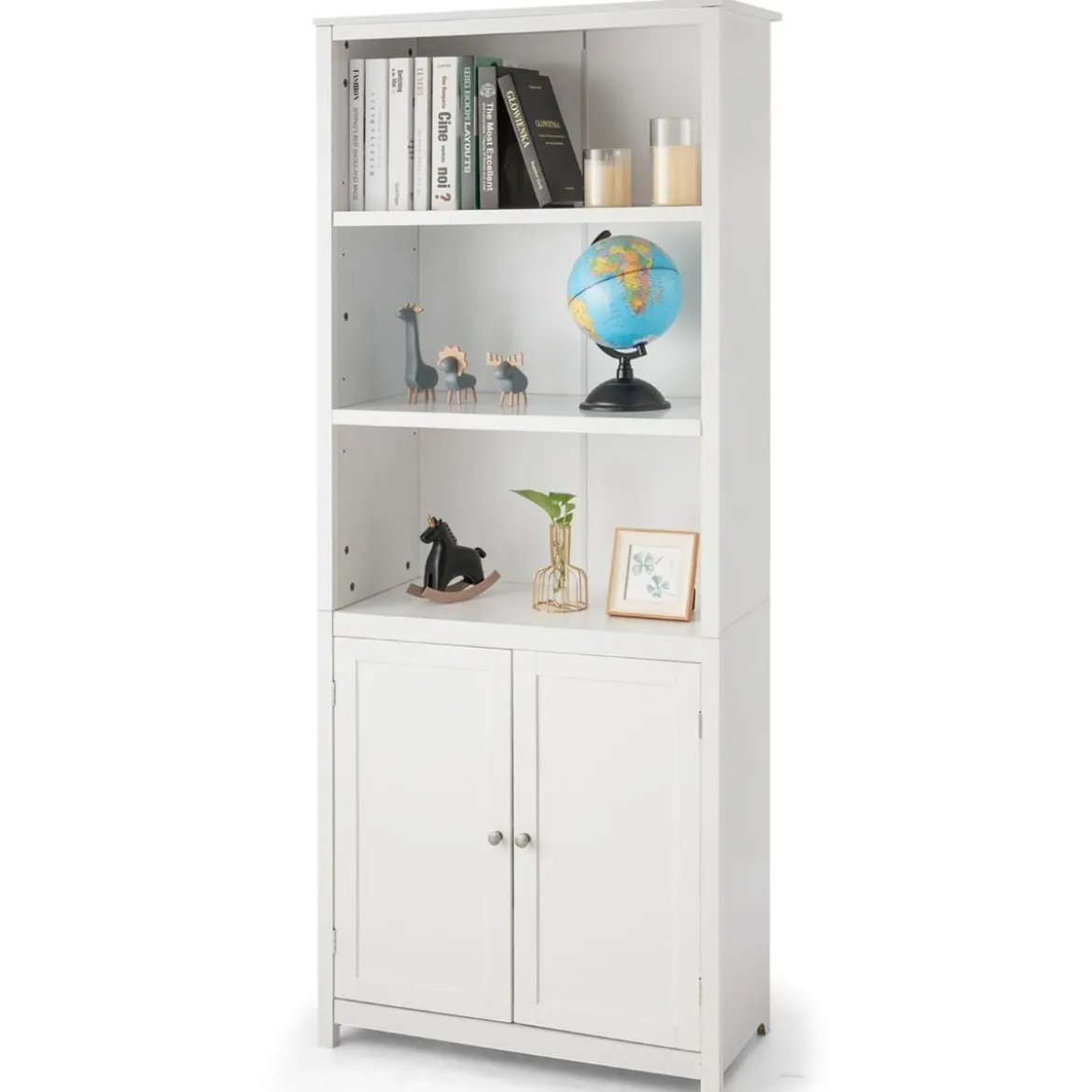 Bücherschrank mit Türen & 3 Offenen Regalen Bücherregal Hochschrank 74,5 x 35,5 x 181,5 cm Weiß