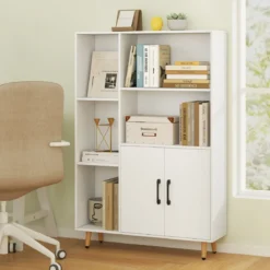 Bücherschrank Weiß Bücherregal mit Türen und offenes Fächern 80 x 23,5 x 119 cm