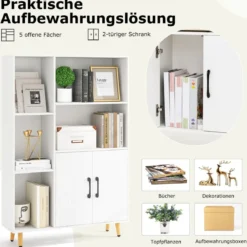 Bücherschrank Weiß Bücherregal mit Türen und offenes Fächern 80 x 23,5 x 119 cm