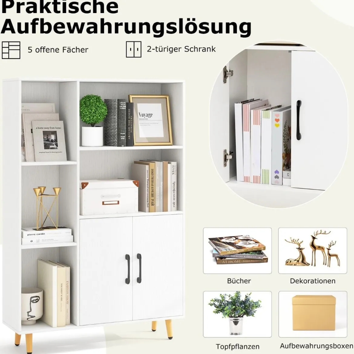 Bücherschrank Weiß Bücherregal mit Türen und offenes Fächern 80 x 23,5 x 119 cm
