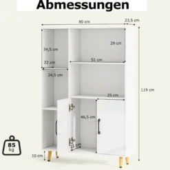 Bücherschrank Weiß Bücherregal mit Türen und offenes Fächern 80 x 23,5 x 119 cm