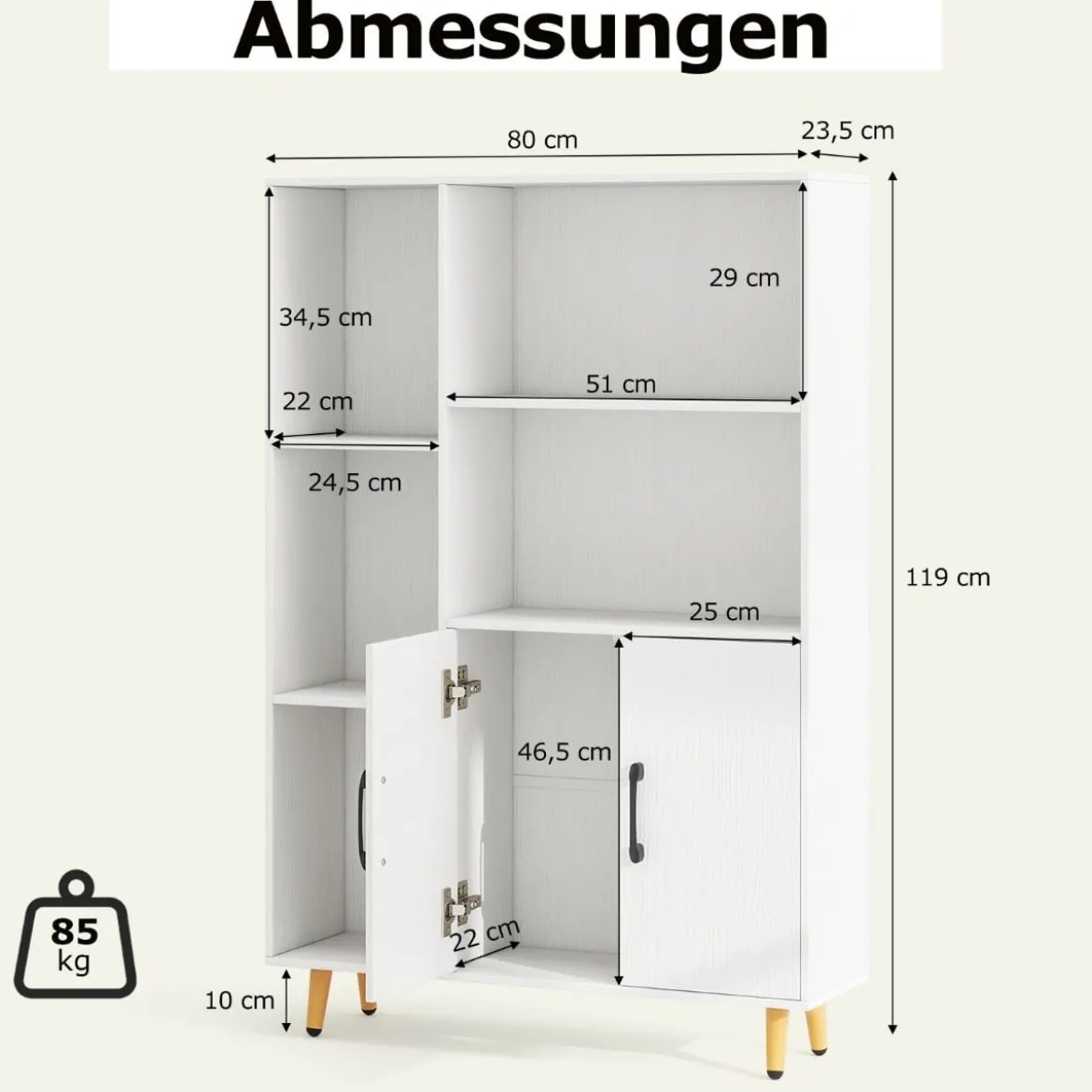 Bücherschrank Weiß Bücherregal mit Türen und offenes Fächern 80 x 23,5 x 119 cm