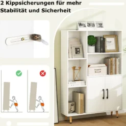 Bücherschrank Weiß Bücherregal mit Türen und offenes Fächern 80 x 23,5 x 119 cm