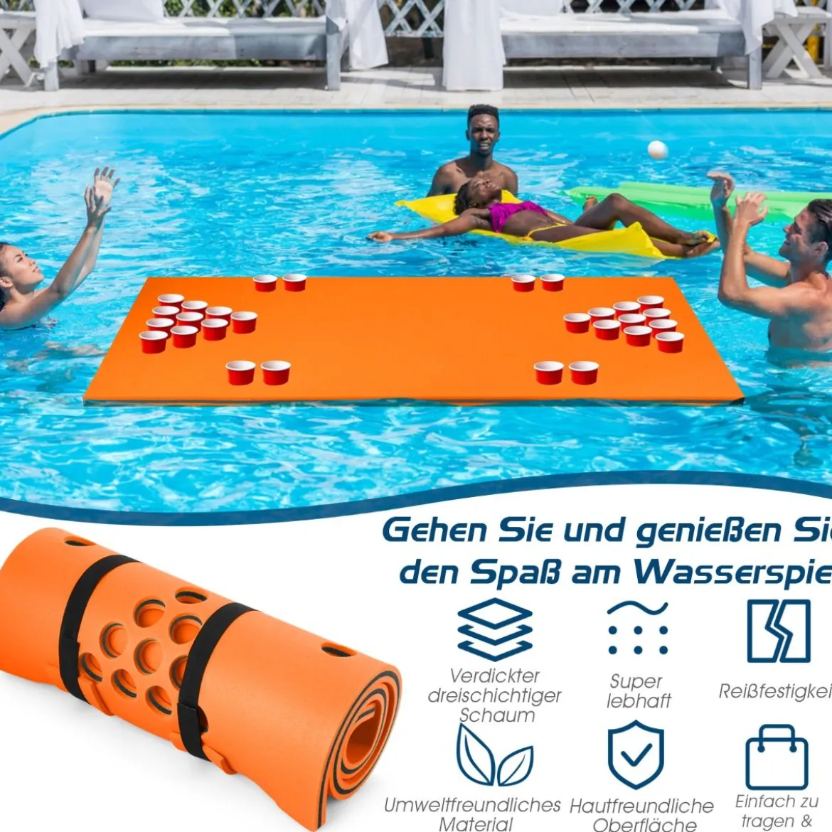 Beer Pong Schwimmender Teppich Wassermatte Schwimmmatte 176 x 90 x 3,5 cm Orange + Schwarz