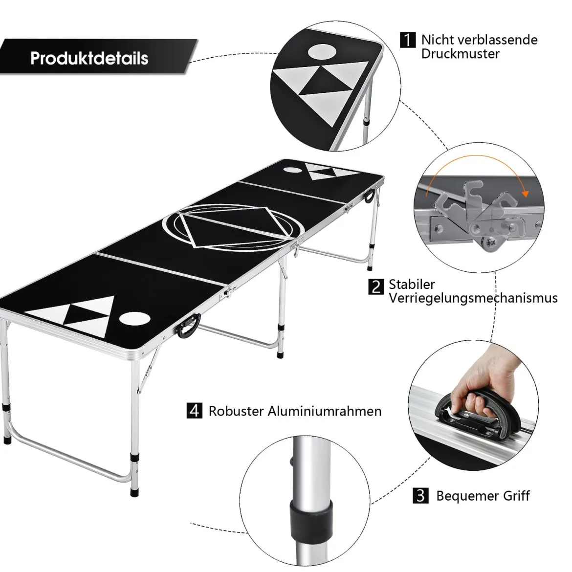 Beer Pong Tisch Partyspiele klappbar Bierpong Tisch Campingtisch Trinkspiele höheverstellbar Schwarz