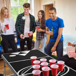 Beer Pong Tisch Partyspiele klappbar Bierpong Tisch Campingtisch Trinkspiele höheverstellbar Schwarz