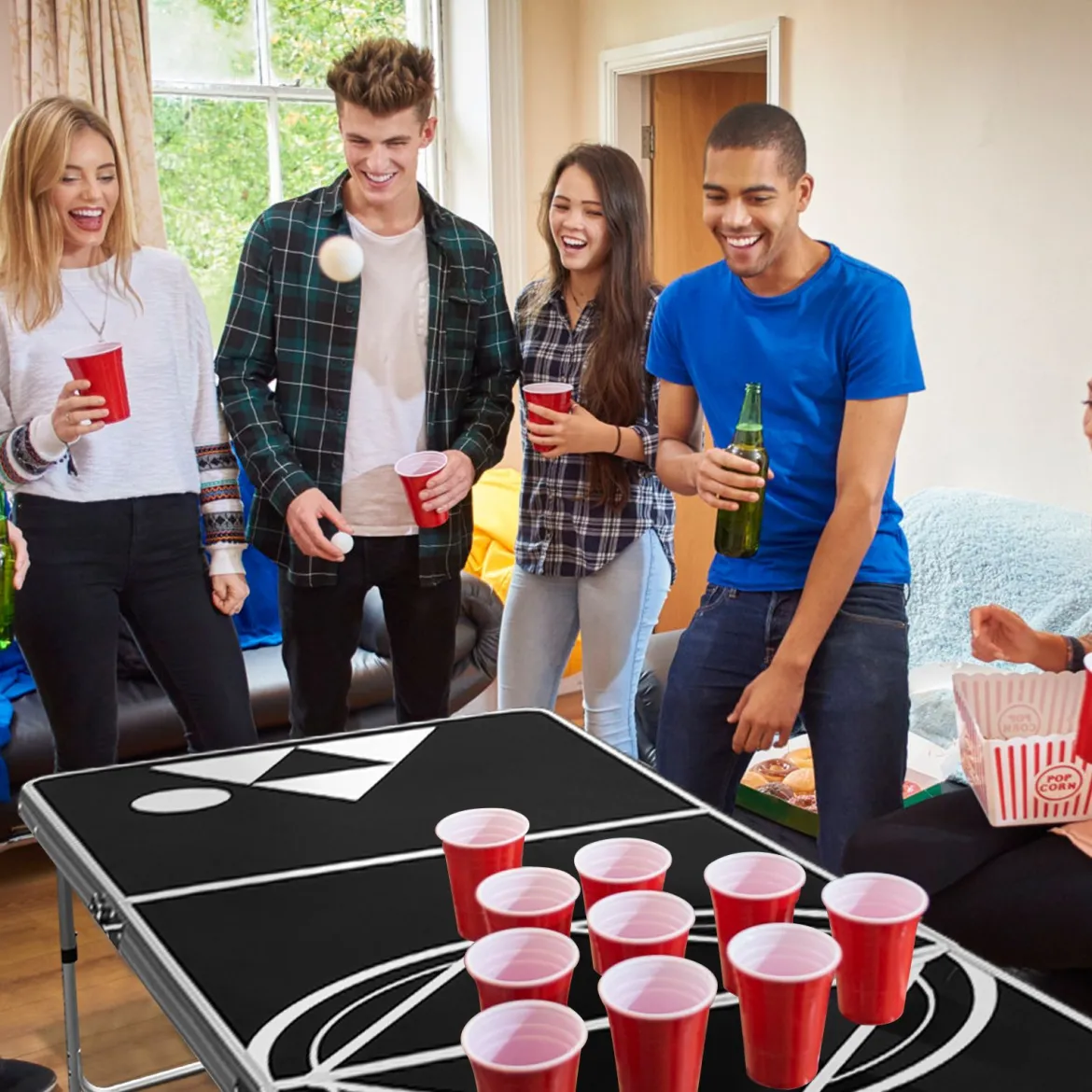 Beer Pong Tisch Partyspiele klappbar Bierpong Tisch Campingtisch Trinkspiele höheverstellbar Schwarz