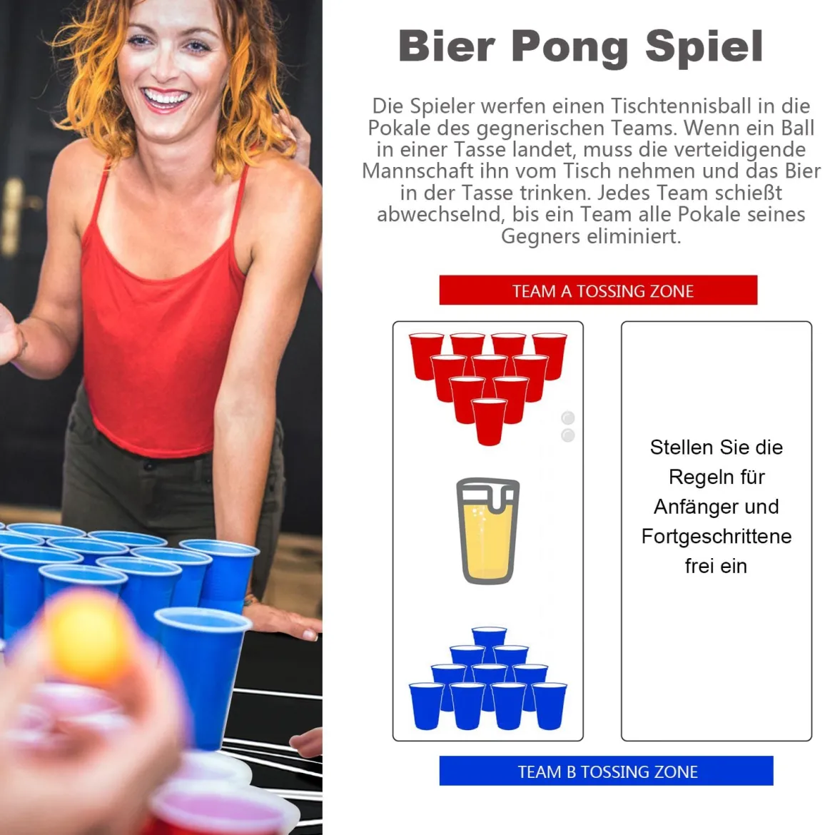 Beer Pong Tisch Partyspiele klappbar Bierpong Tisch Campingtisch Trinkspiele höheverstellbar Schwarz