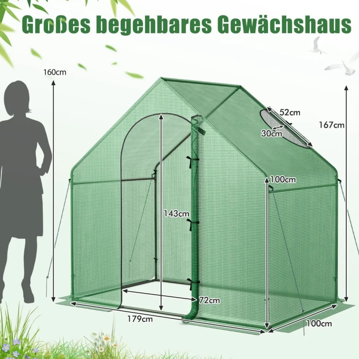 Begehbarer Gewächshaus mit PE-Abdeckung & Roll-Up Reißverschluss-Tür & Fenster Foliengewächshaus