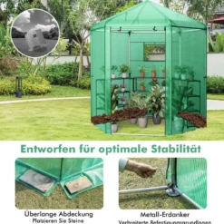 Begehbares Gewächshaus mit PE-Abdeckung & Metallrahmen Sechseckiges Treibhaus Grün