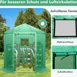 Begehbares Gewächshaus mit PE-Abdeckung & Metallrahmen Sechseckiges Treibhaus Grün