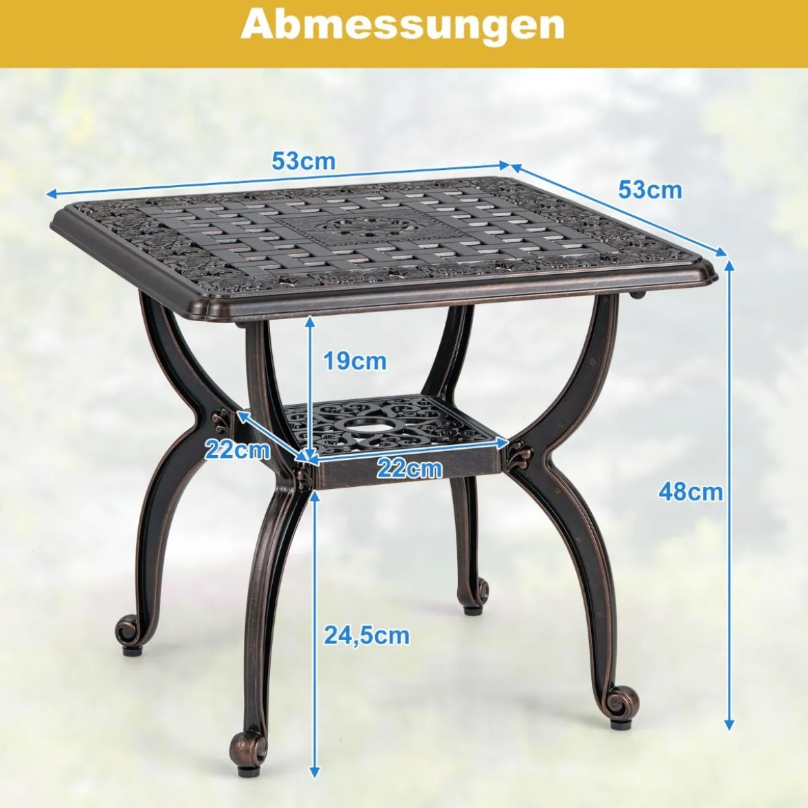 Beistelltisch aus Aluminiumguss wetterfester Balkontisch mit Ablagefläche 53 x 53 x 48 cm Kupfer