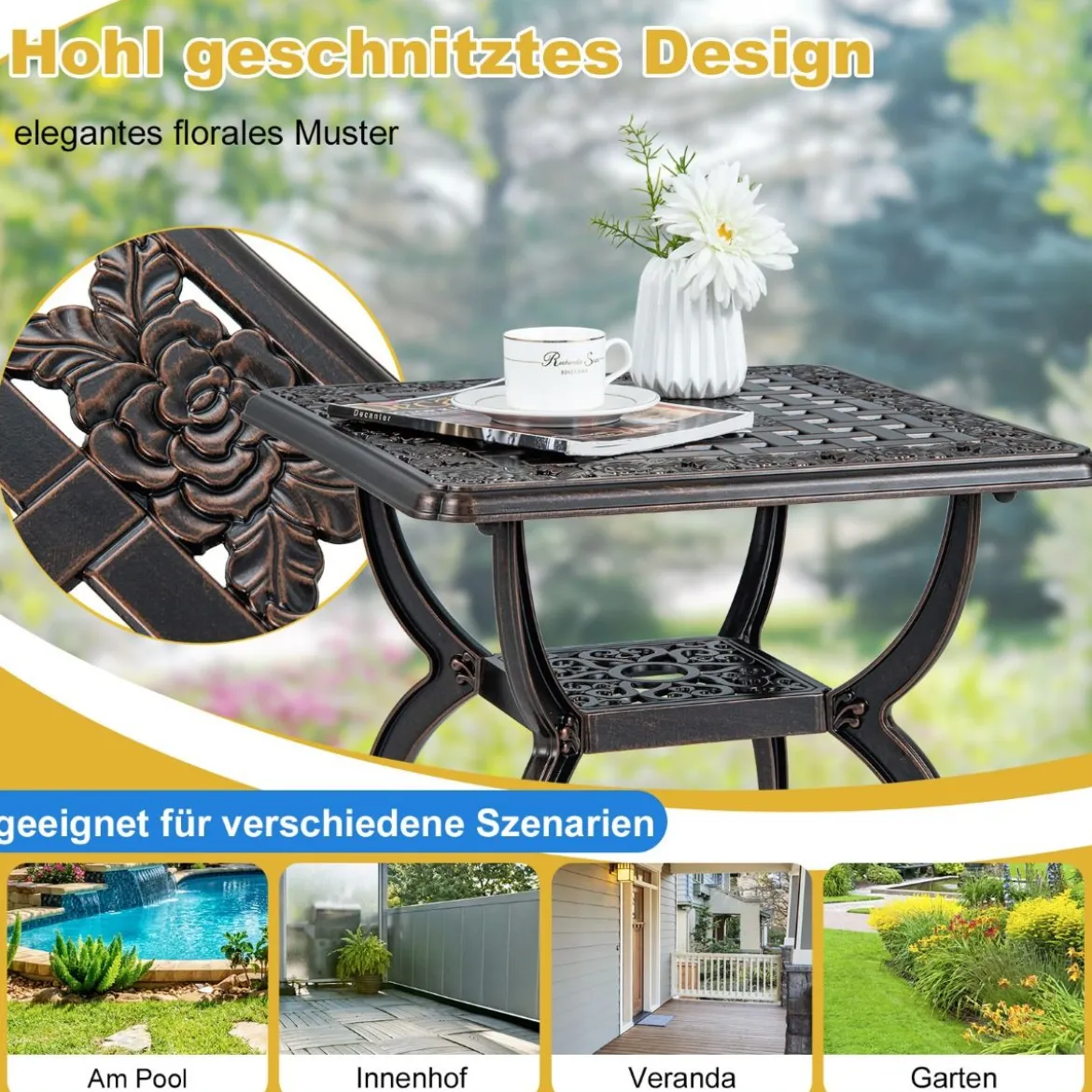Beistelltisch aus Aluminiumguss wetterfester Balkontisch mit Ablagefläche 53 x 53 x 48 cm Kupfer