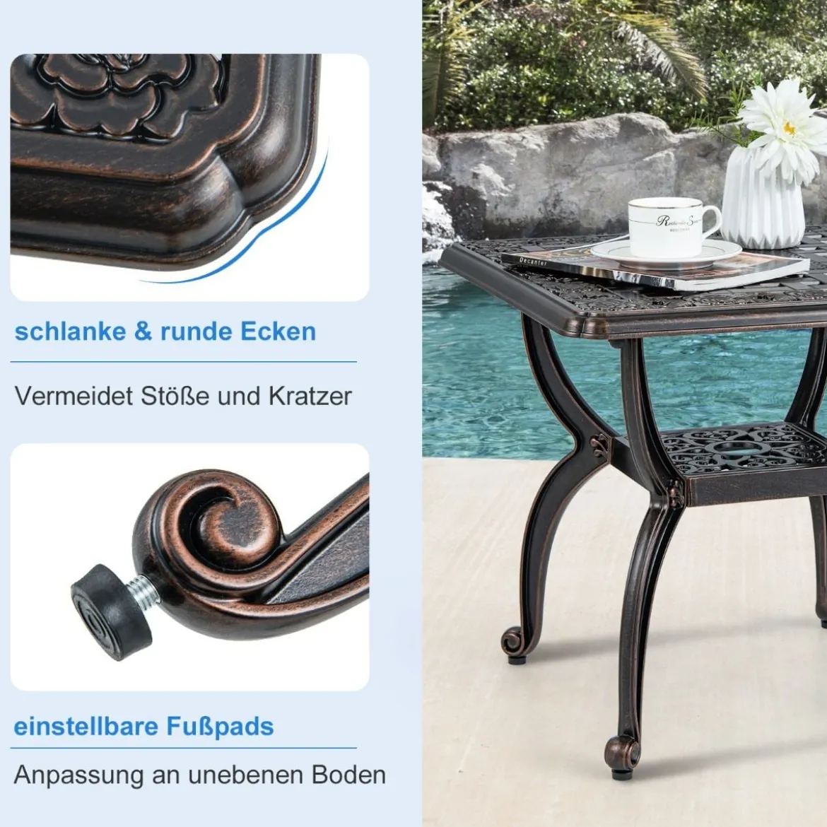 Beistelltisch aus Aluminiumguss wetterfester Balkontisch mit Ablagefläche 53 x 53 x 48 cm Kupfer