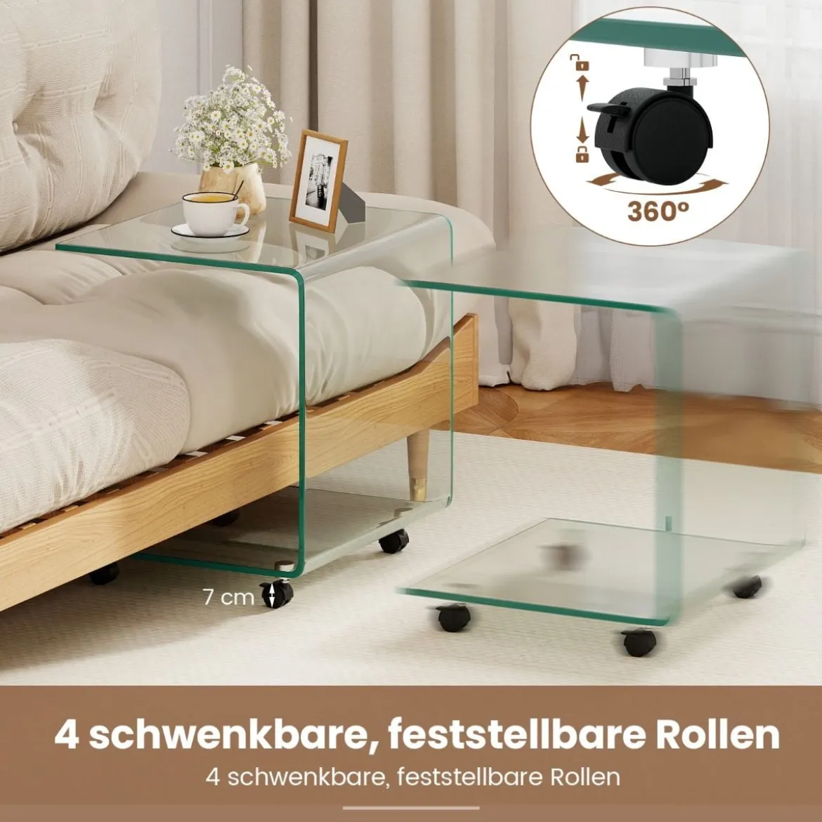 Beistelltisch aus Gehärtetem Glas mit Rollen C-Form Glastisch Nachttisch Sofatisch Kaffeetisch Transparent