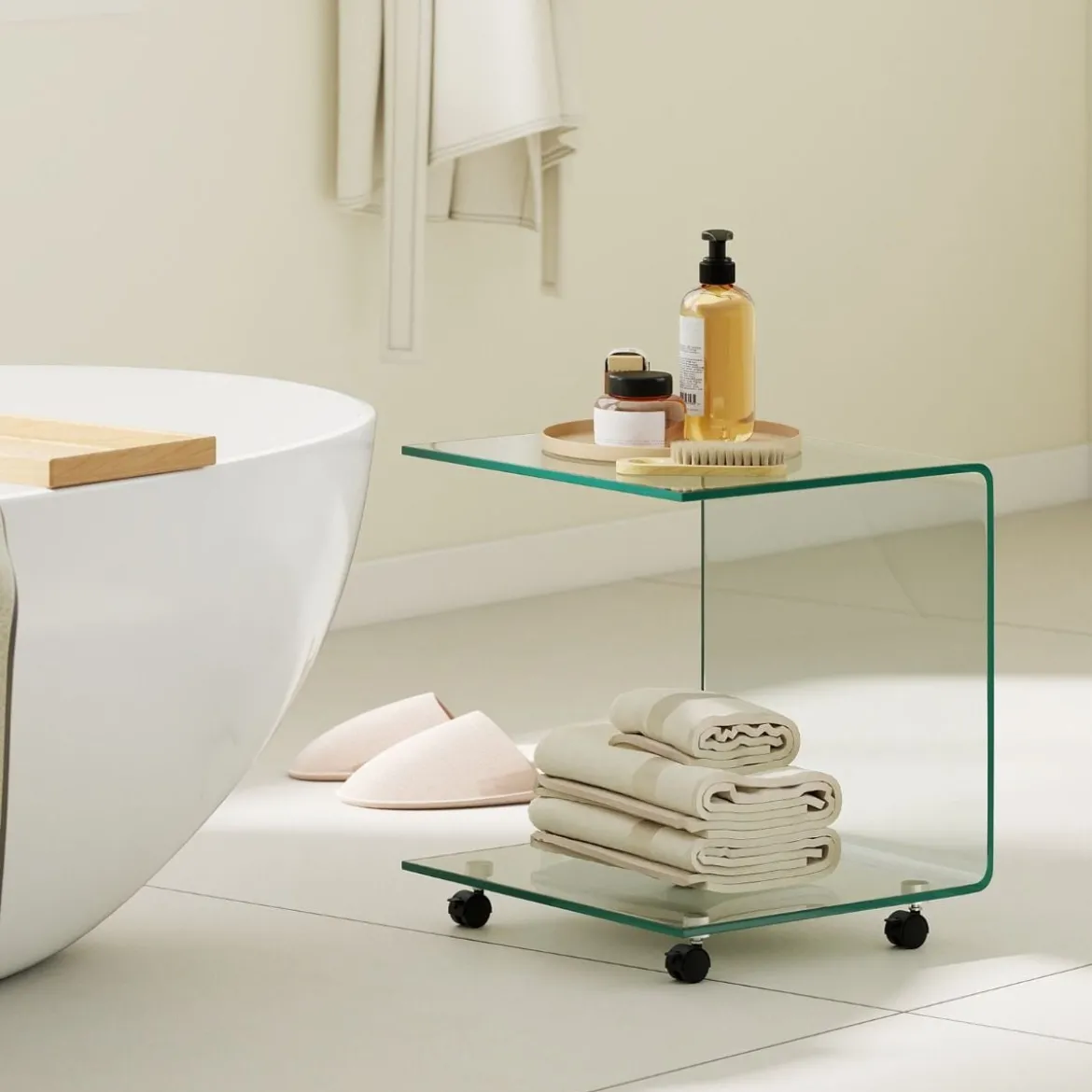 Beistelltisch aus Gehärtetem Glas mit Rollen C-Form Glastisch Nachttisch Sofatisch Kaffeetisch Transparent