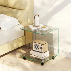 Beistelltisch aus Gehärtetem Glas mit Rollen C-Form Glastisch Nachttisch Sofatisch Kaffeetisch Transparent