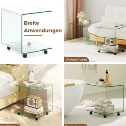 Beistelltisch aus Gehärtetem Glas mit Rollen C-Form Glastisch Nachttisch Sofatisch Kaffeetisch Transparent