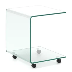 Beistelltisch aus Gehärtetem Glas mit Rollen C-Form Glastisch Nachttisch Sofatisch Kaffeetisch Transparent