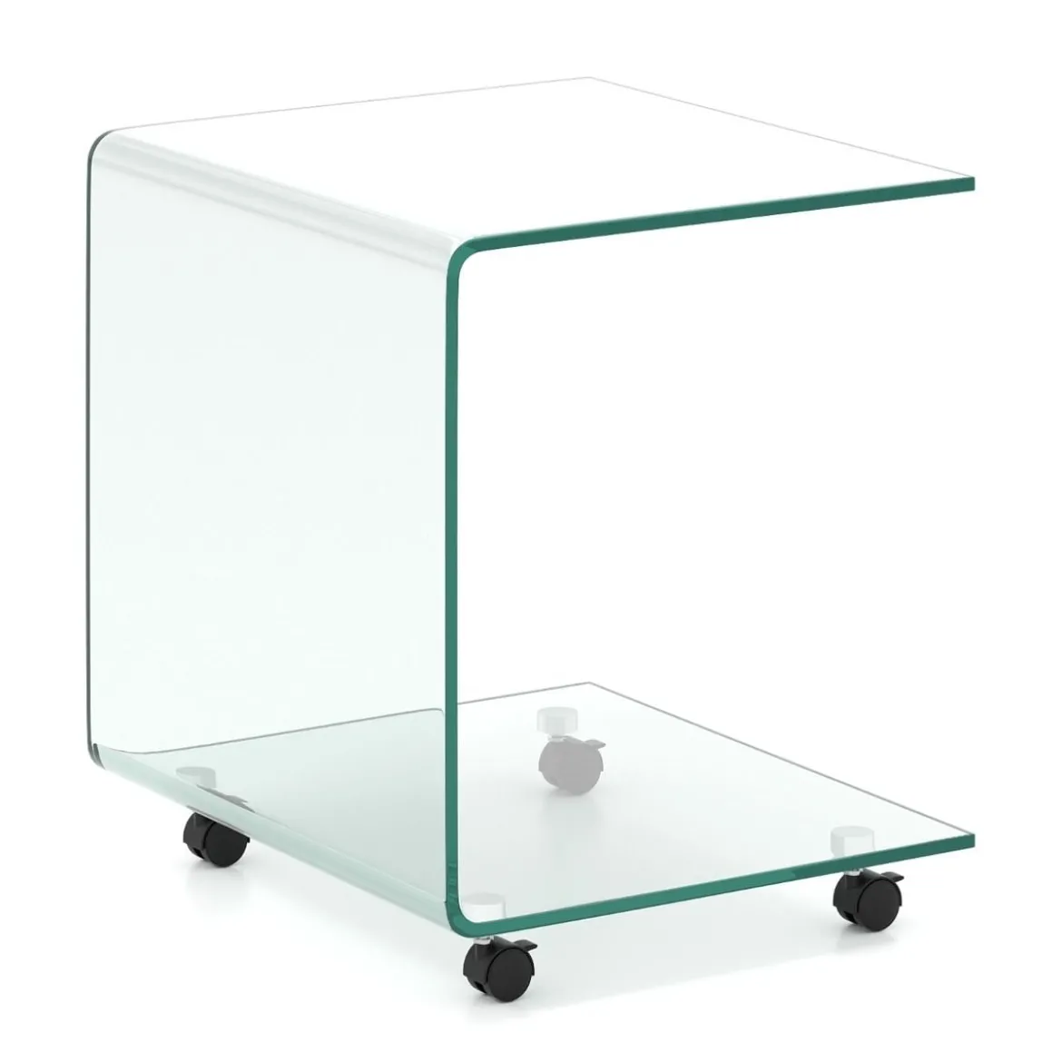 Beistelltisch aus Gehärtetem Glas mit Rollen C-Form Glastisch Nachttisch Sofatisch Kaffeetisch Transparent