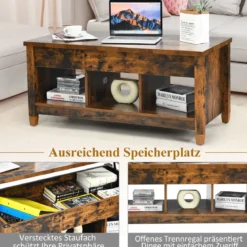Beistelltisch aus Holz Couchtisch höhenverstellbar Sofatisch mit Stauraum 104,5 x 49 x 48-62,5 cm Kaffee