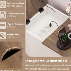 Beistelltisch Beistellschrank mit Ladestation Nachttisch mit klappbarer Tischplatte Schublade Weiß