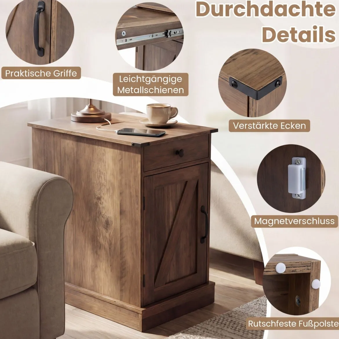 Beistelltisch Beistellschran`k mit Ladestation Nachttisch mit klappbarer Tischplatte Schublade Rustikales Braun